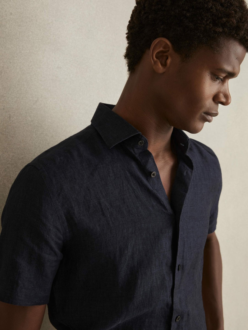 Slim Fit Linen Button-Through Shirt Navy | Mens