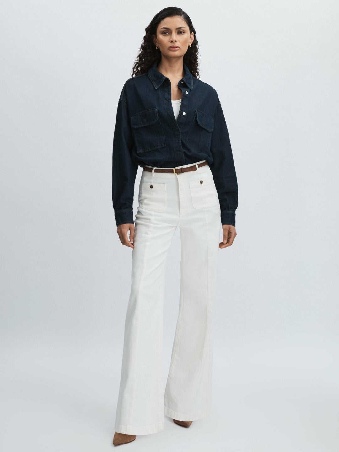 Paige Wide-Leg Patch Pocket Jeans Ecru | Womens