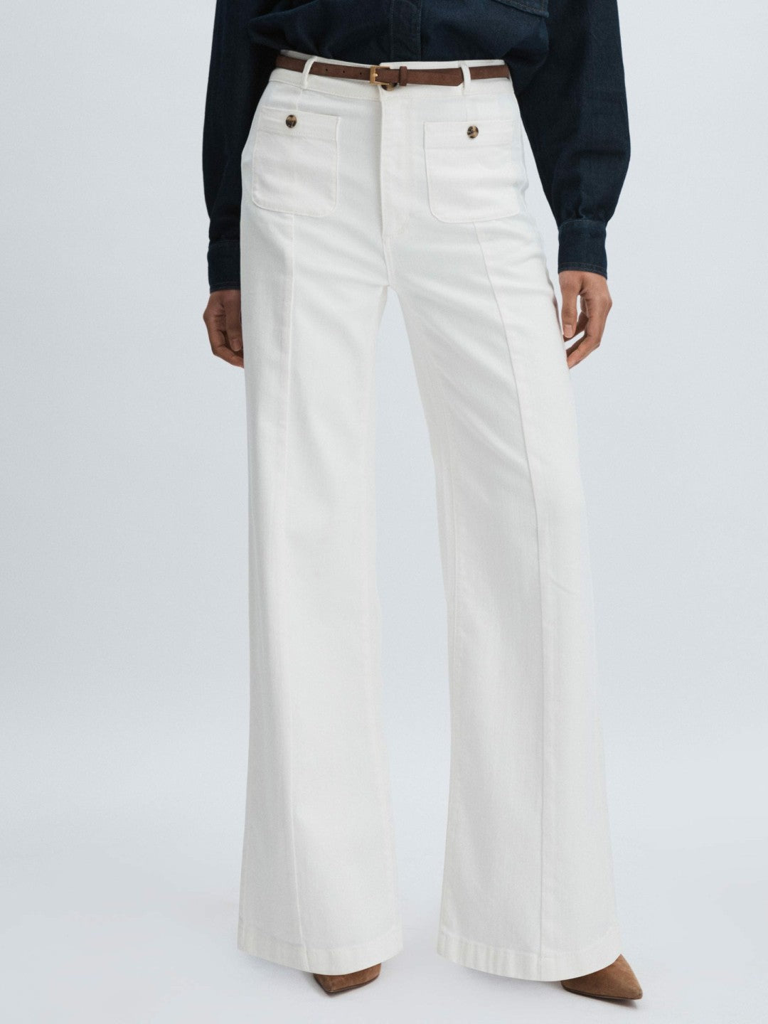 Paige Wide-Leg Patch Pocket Jeans Ecru | Womens