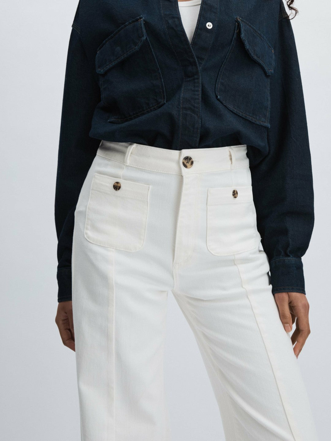 Paige Wide-Leg Patch Pocket Jeans Ecru | Womens
