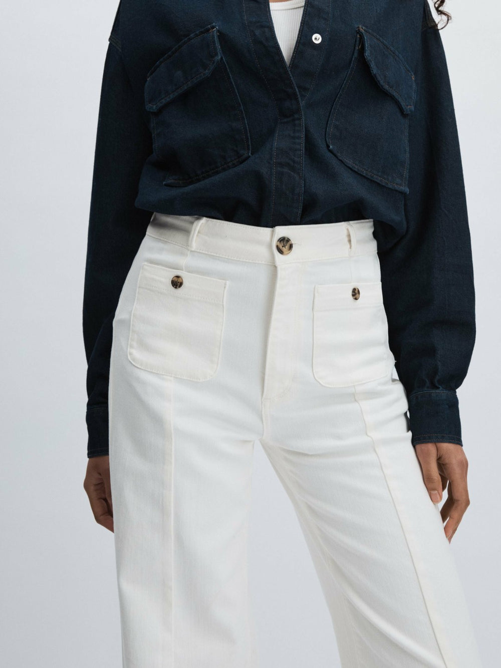 Paige Wide-Leg Patch Pocket Jeans Ecru | Womens