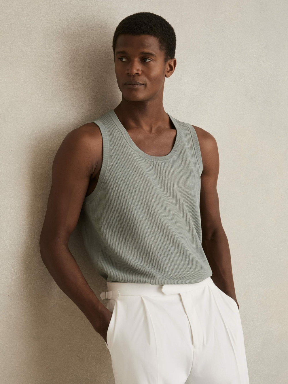 Textured Crew Neck Ribbed Vest Sage Green | Mens
