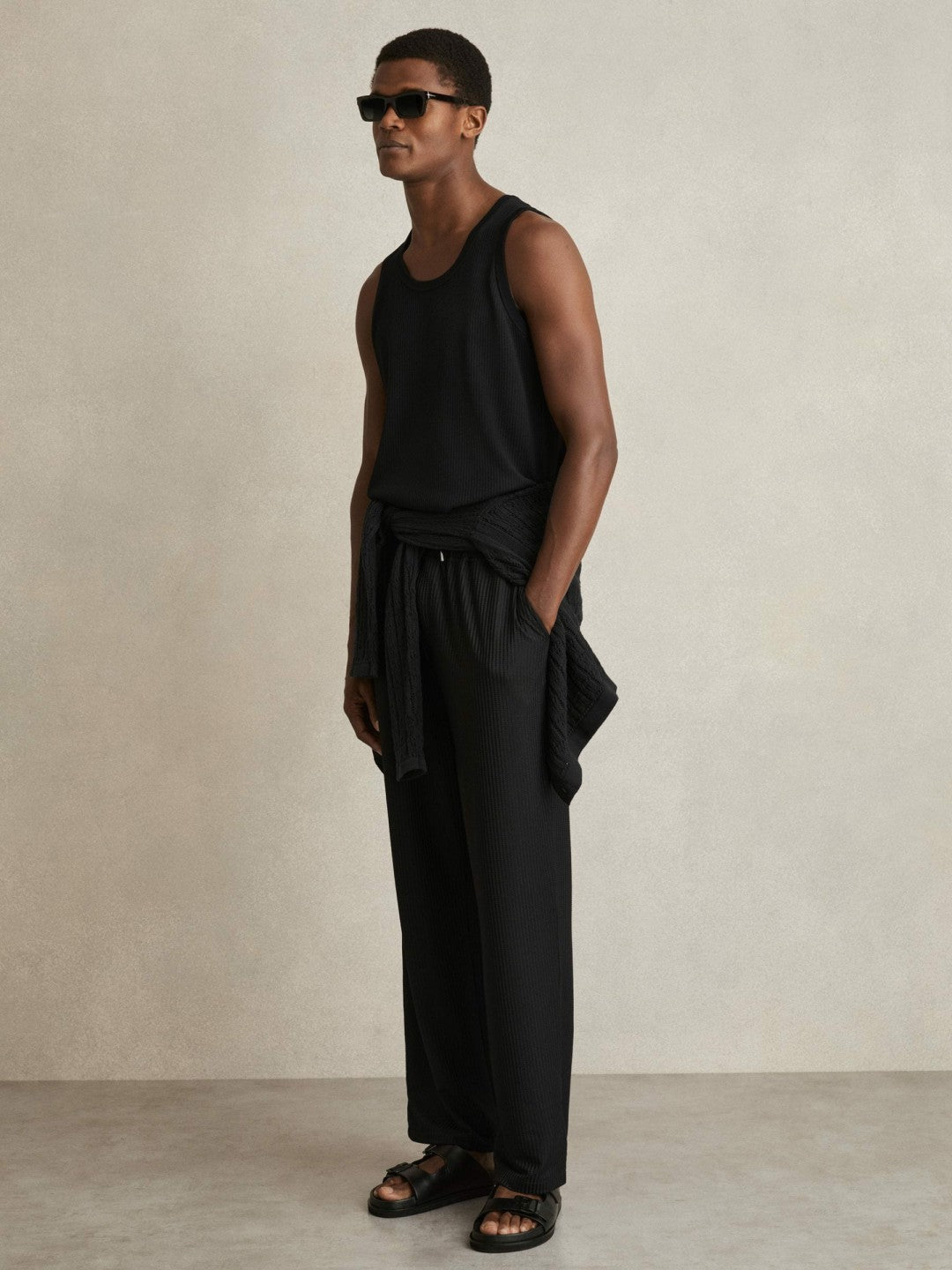 Textured Crew Neck Ribbed Vest Black | Mens