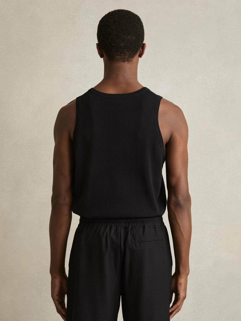 Textured Crew Neck Ribbed Vest Black | Mens