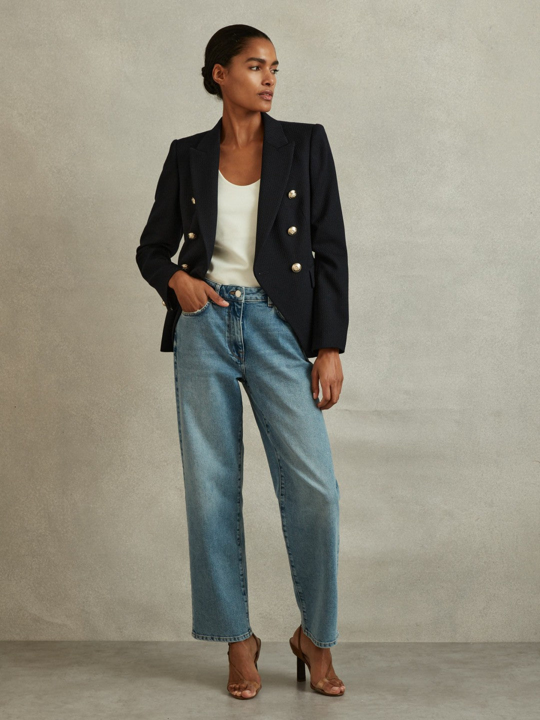 Tailored Fit Textured Double Breasted Blazer Navy | Womens
