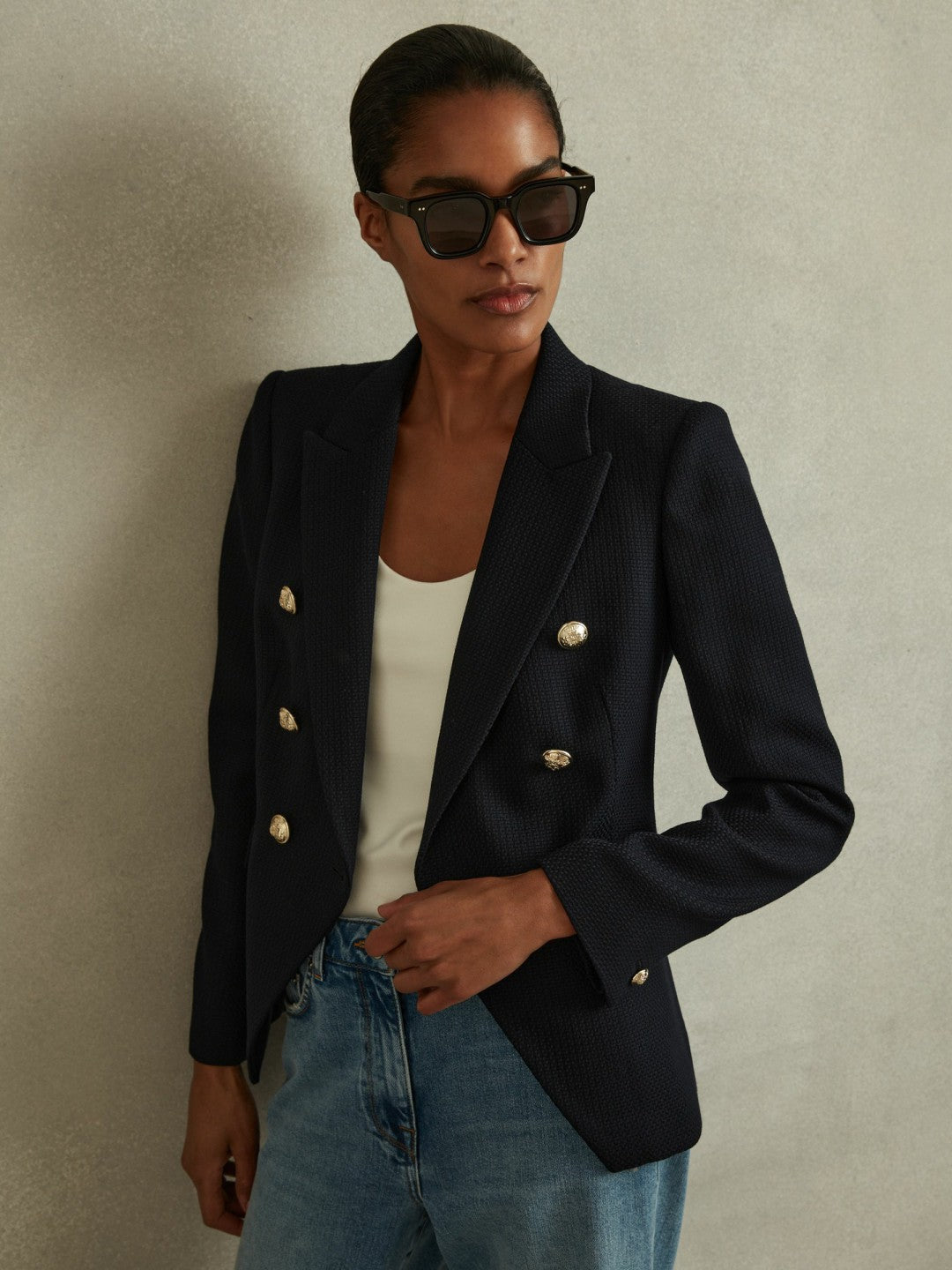 Tailored Fit Textured Double Breasted Blazer Navy | Womens