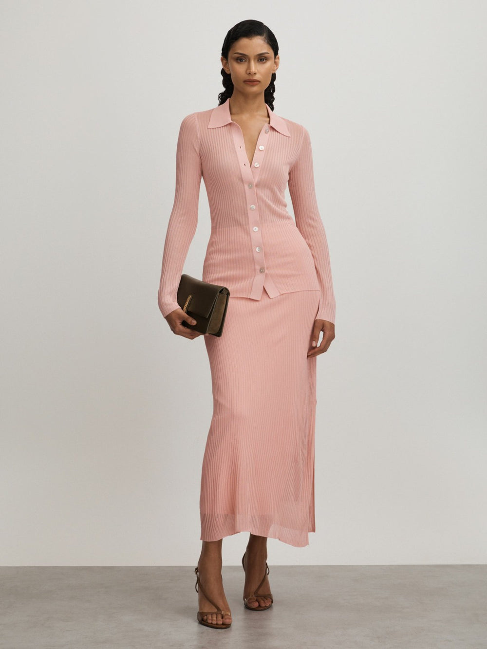 Carrie Pink Anna Quan Sheer Ribbed Knitted Midi Skirt Pink | Womens