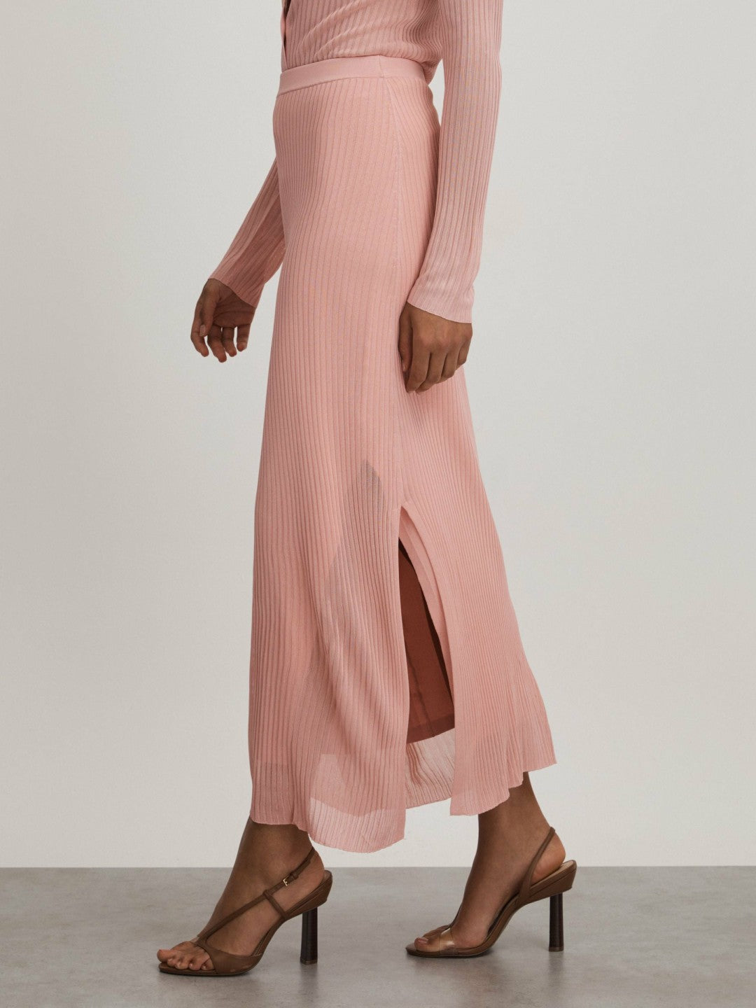 Carrie Pink Anna Quan Sheer Ribbed Knitted Midi Skirt Pink | Womens