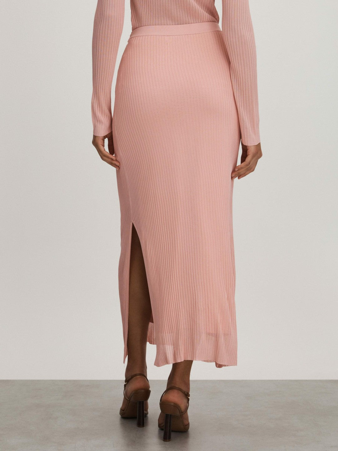 Carrie Pink Anna Quan Sheer Ribbed Knitted Midi Skirt Pink | Womens