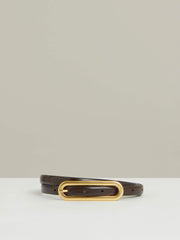 Thin Leather Elongated Buckle Belt Chocolate | Womens