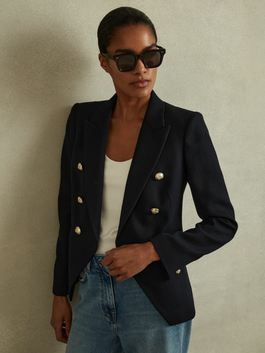 Petite Tailored Fit Textured Double Breasted Blazer Navy | Womens