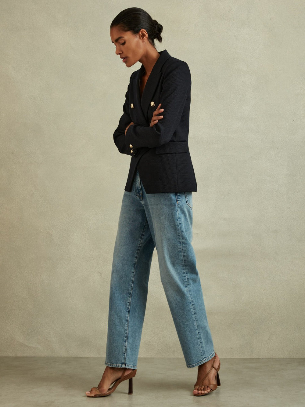Petite Tailored Fit Textured Double Breasted Blazer Navy | Womens