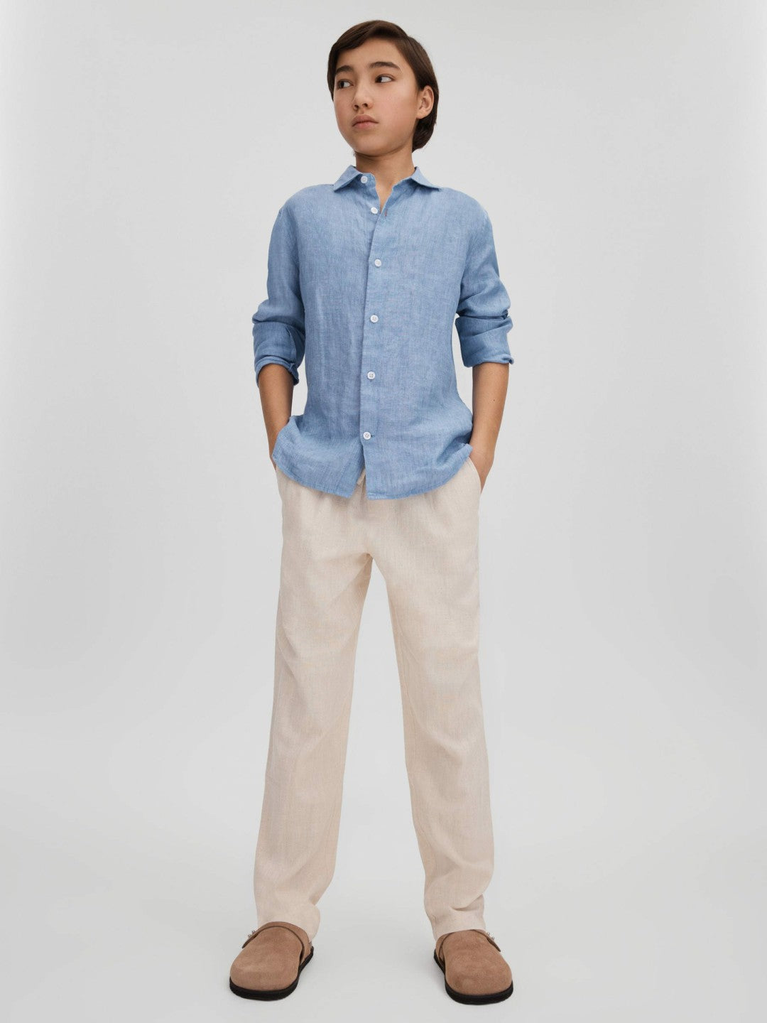 9-13 yrs Linen Cutaway Collar Shirt Sky Blue | Children