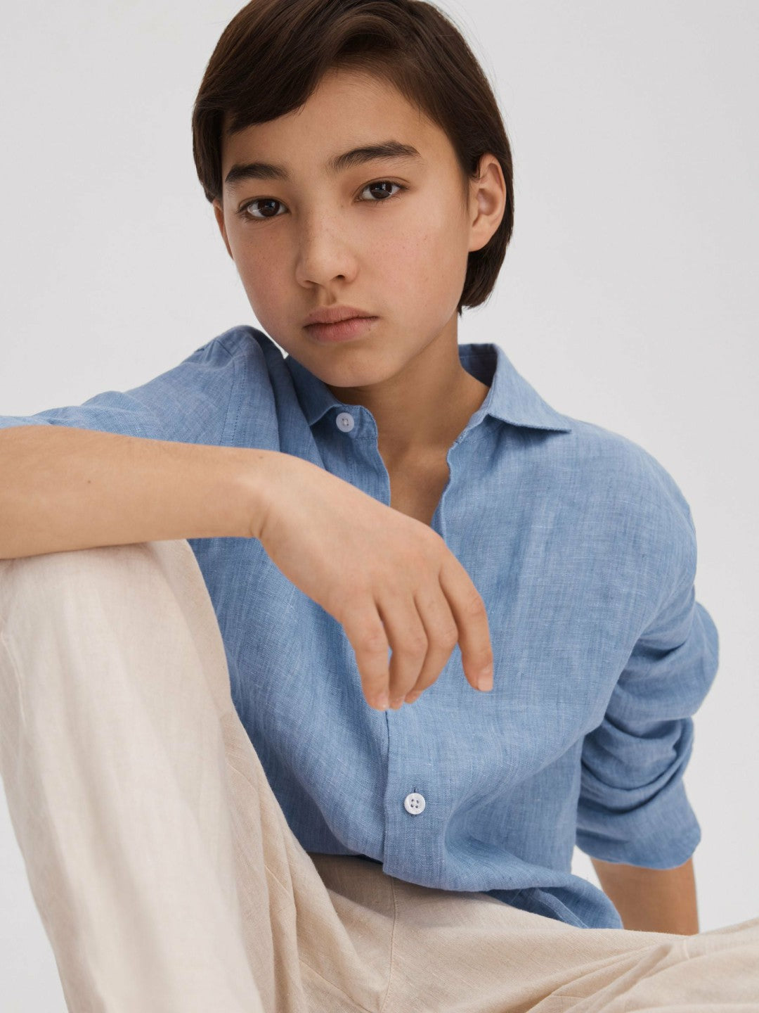 9-13 yrs Linen Cutaway Collar Shirt Sky Blue | Children