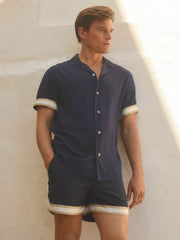 | Ché Cuff Detail Cuban Collar Shirt Navy | Mens