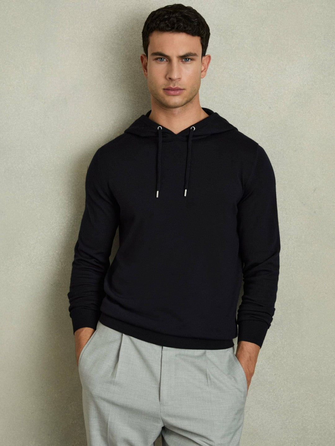 Merino Wool Drawstring Hoodie Navy | Mens