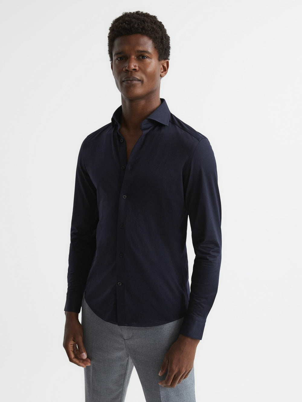 Cotton-Blend Jersey Cutaway-Collar Shirt Navy | Mens