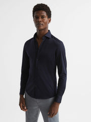 Cotton-Blend Jersey Cutaway-Collar Shirt Navy | Mens