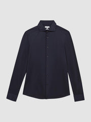 Cotton-Blend Jersey Cutaway-Collar Shirt Navy | Mens