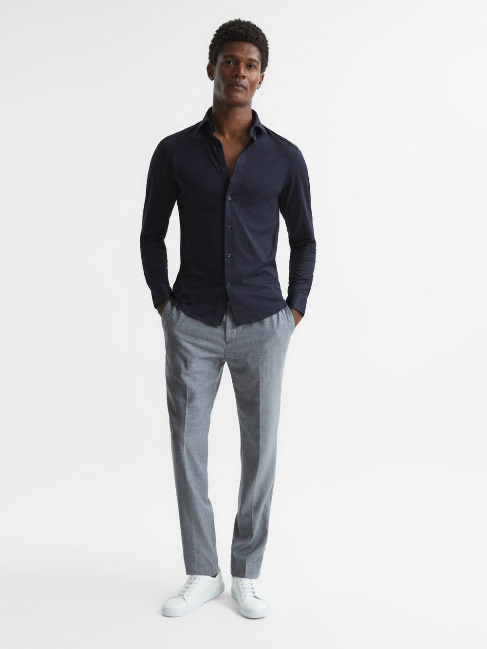 Cotton-Blend Jersey Cutaway-Collar Shirt Navy | Mens