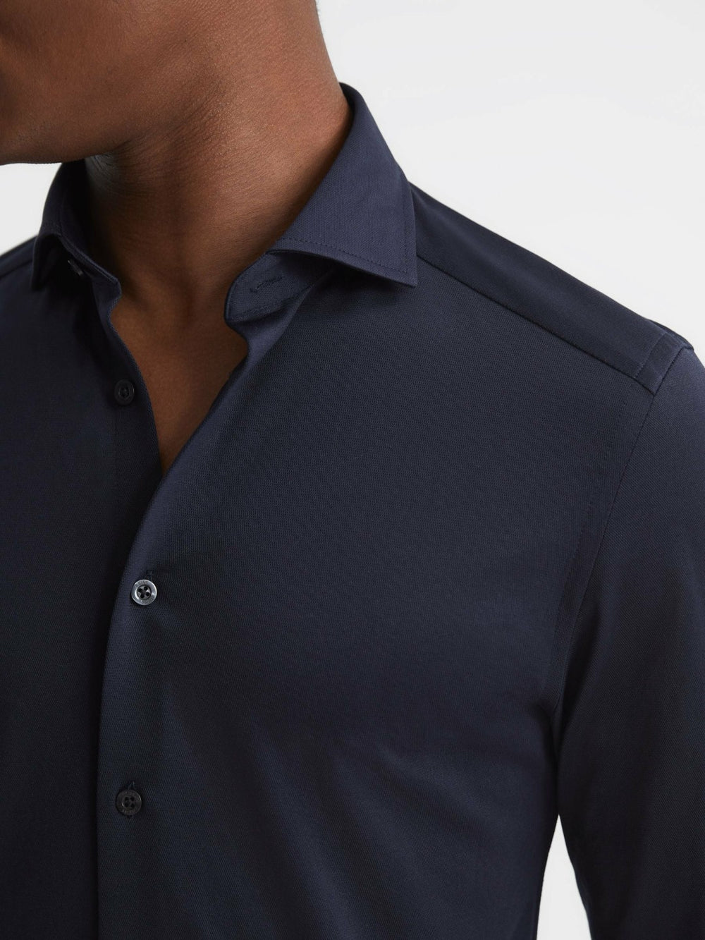Cotton-Blend Jersey Cutaway-Collar Shirt Navy | Mens