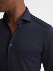 Cotton-Blend Jersey Cutaway-Collar Shirt Navy | Mens
