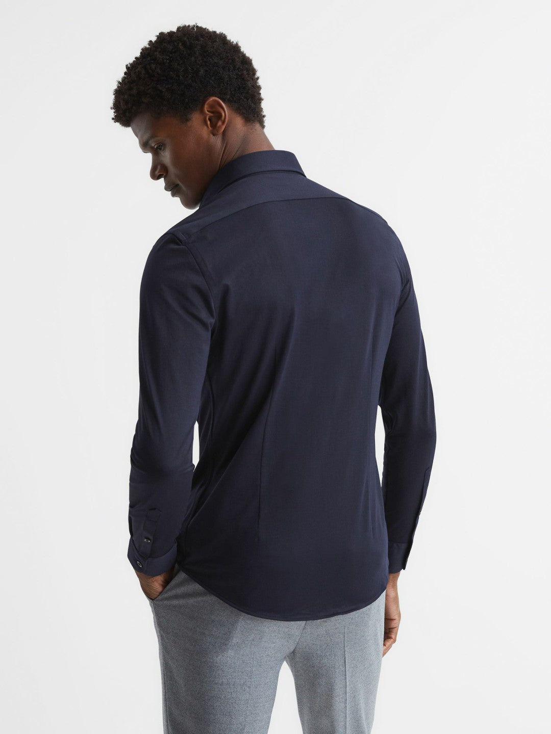 Cotton-Blend Jersey Cutaway-Collar Shirt Navy | Mens