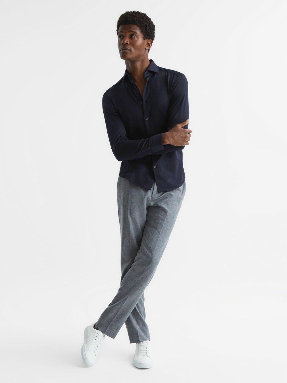 Cotton-Blend Jersey Cutaway-Collar Shirt Navy | Mens