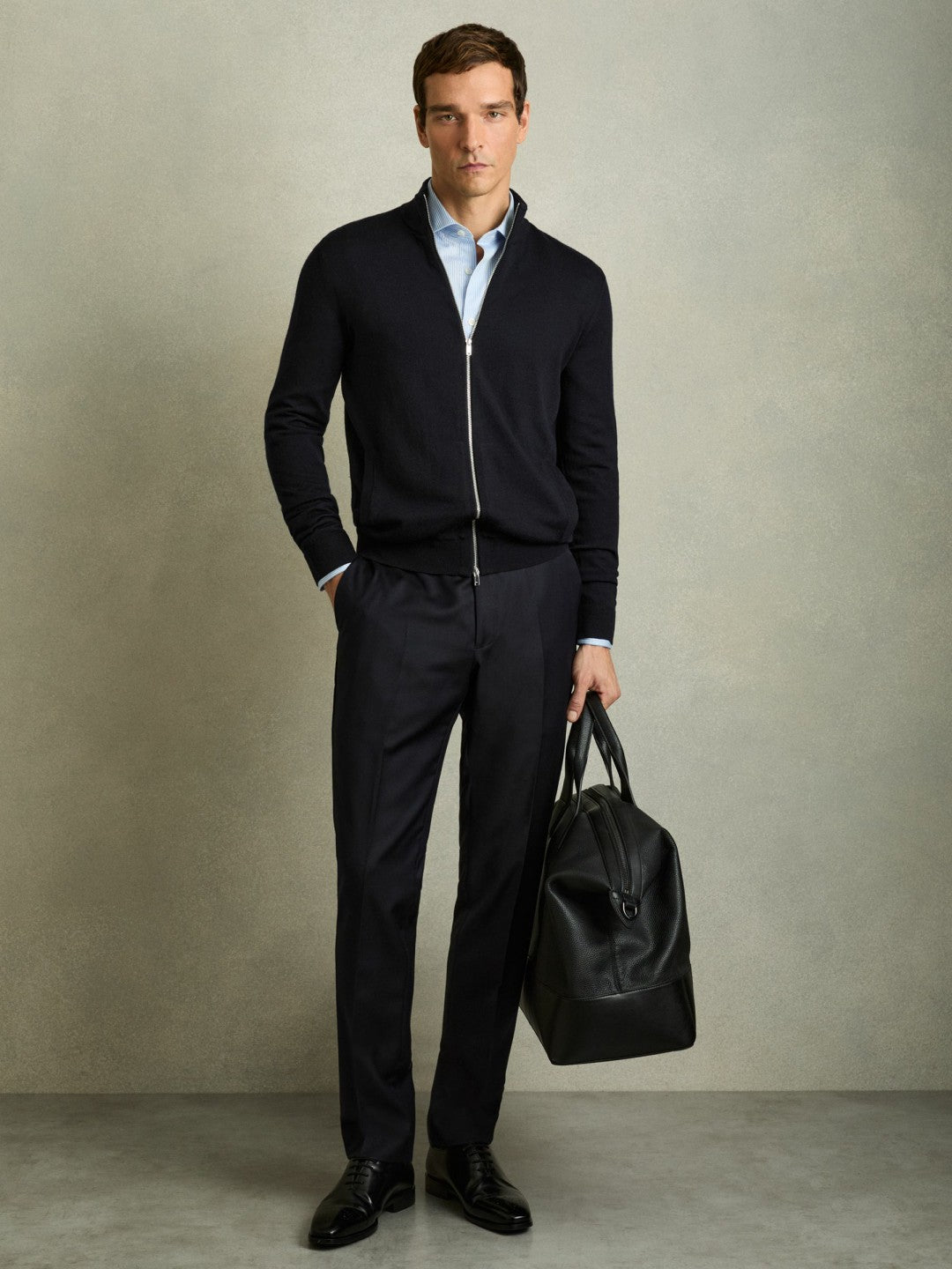 Merino Wool Zip-Through Cardigan Navy | Mens