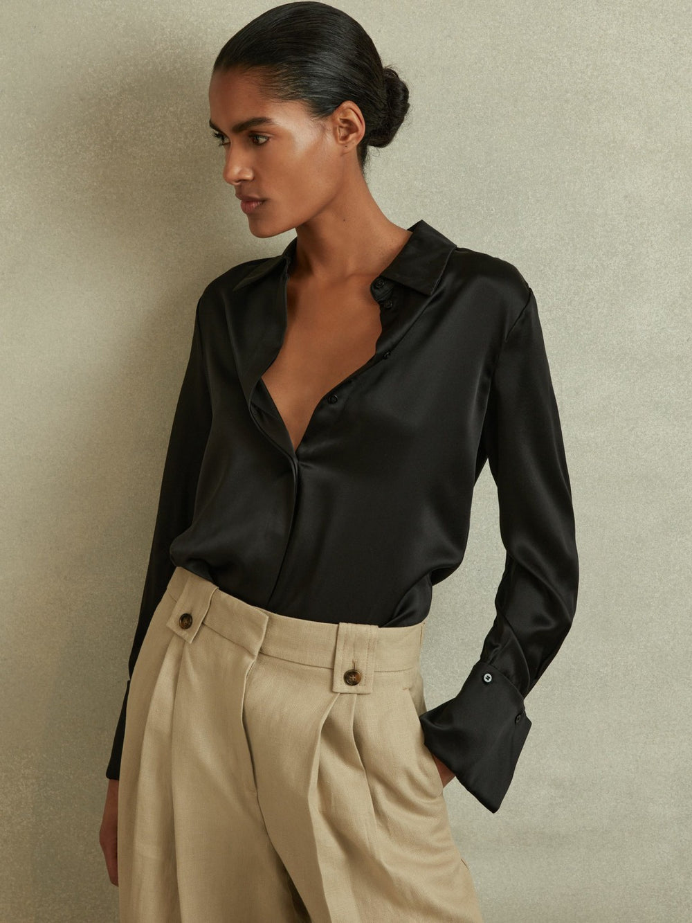 Petite Silk Double-Cuff Button-Through Shirt Black | Womens
