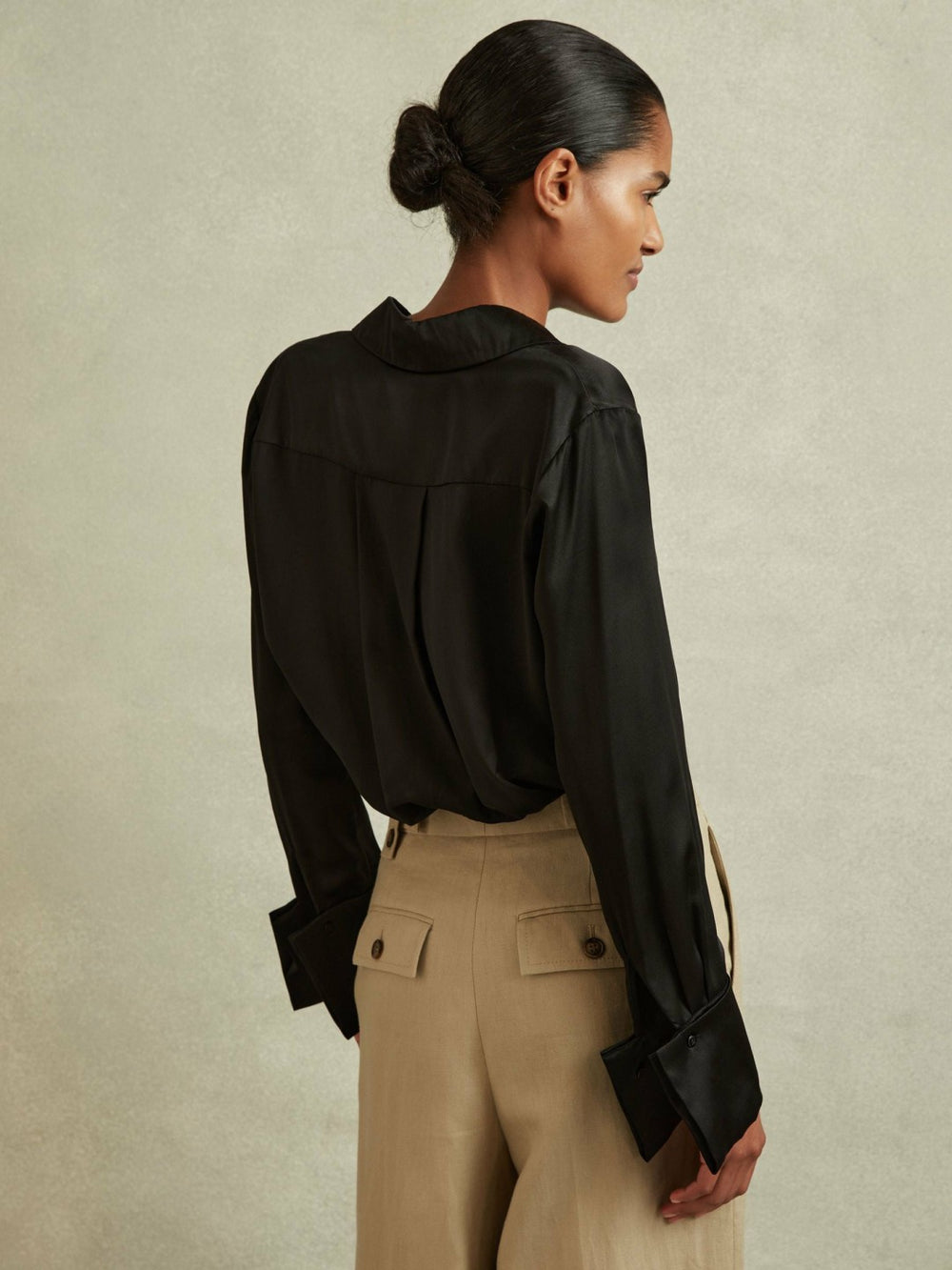 Petite Silk Double-Cuff Button-Through Shirt Black | Womens