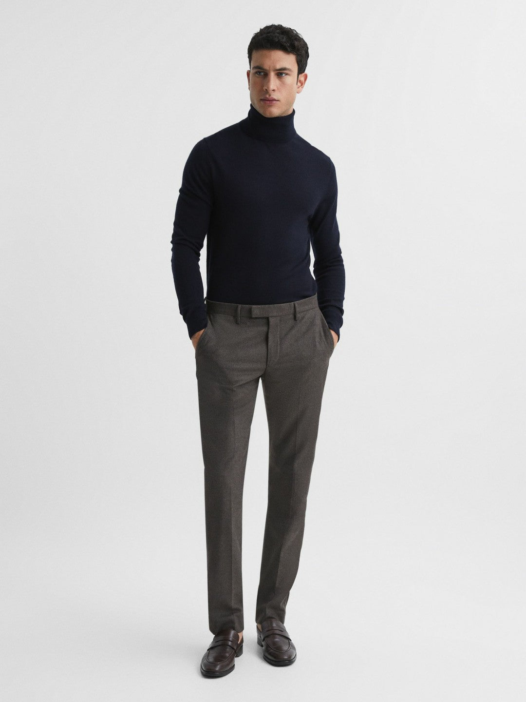 Slim Fit Merino Wool Roll Neck Jumper Navy | Mens