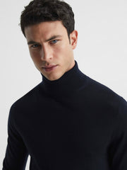 Slim Fit Merino Wool Roll Neck Jumper Navy | Mens