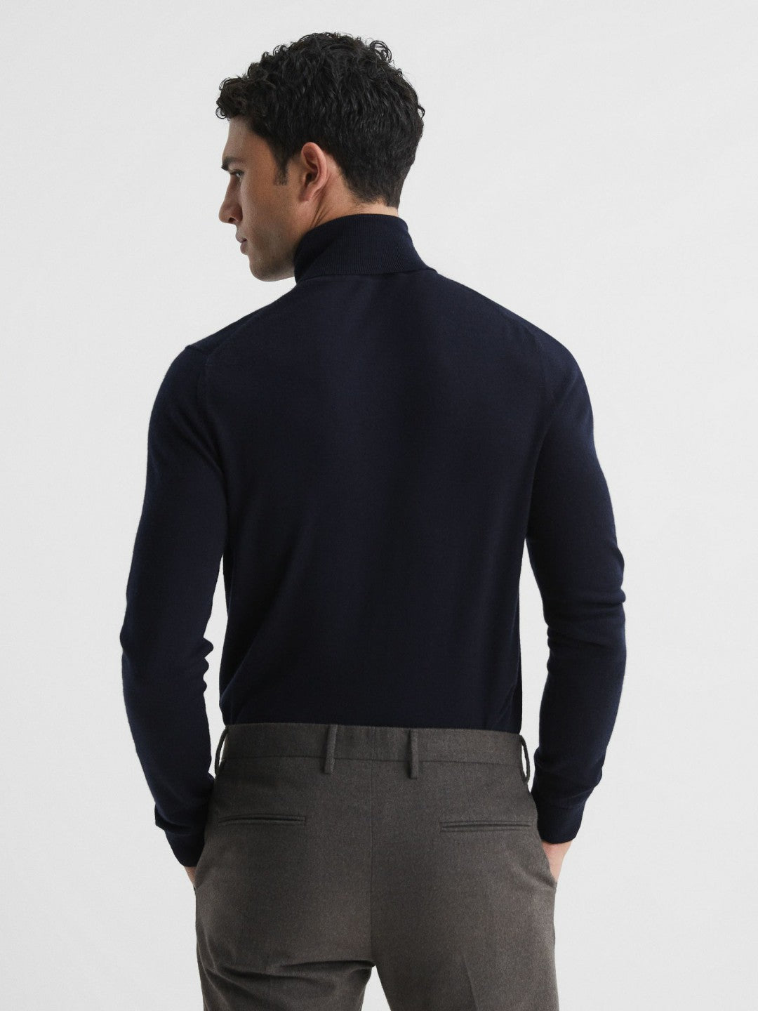Slim Fit Merino Wool Roll Neck Jumper Navy | Mens