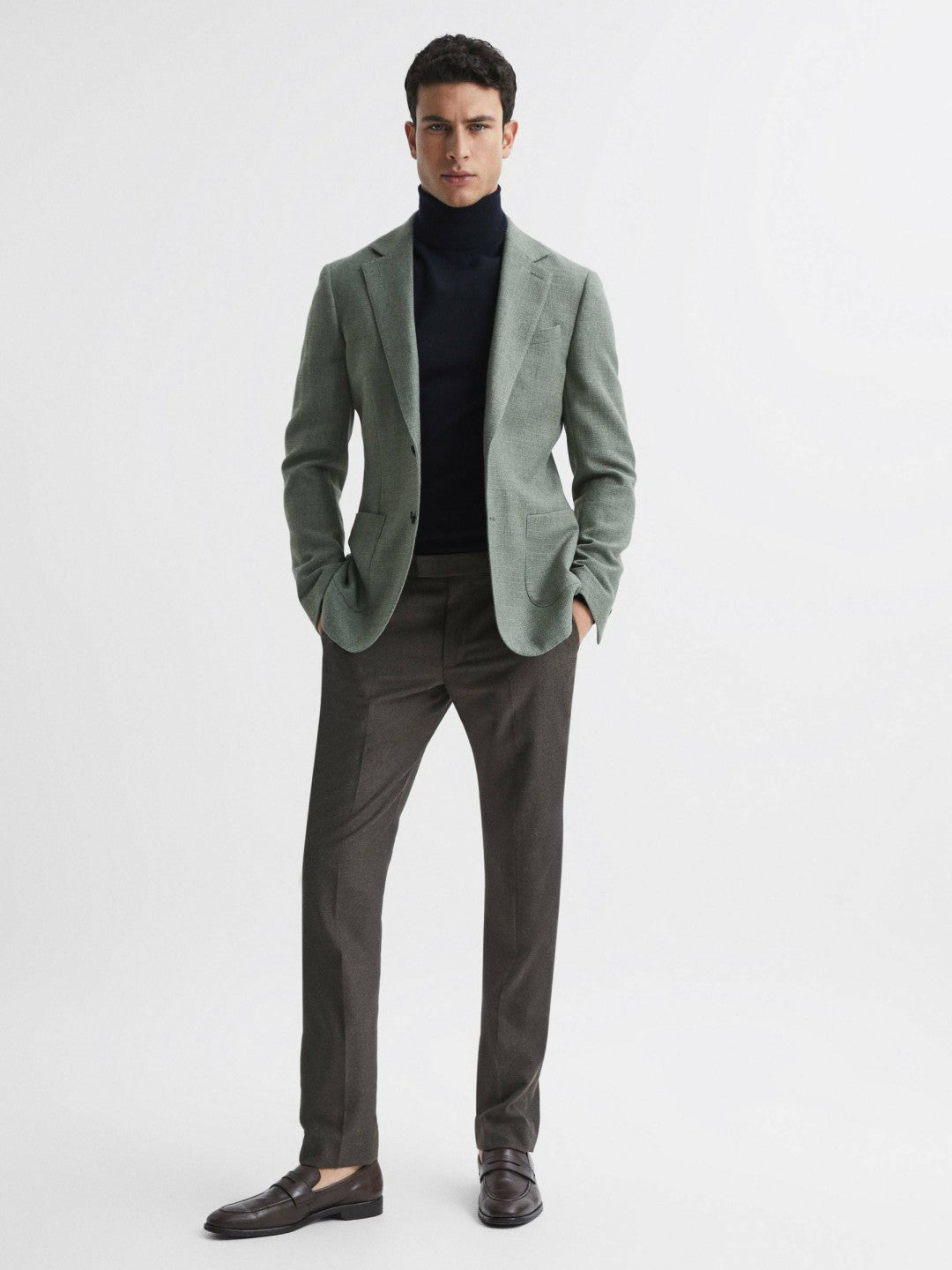 Slim Fit Merino Wool Roll Neck Jumper Navy | Mens