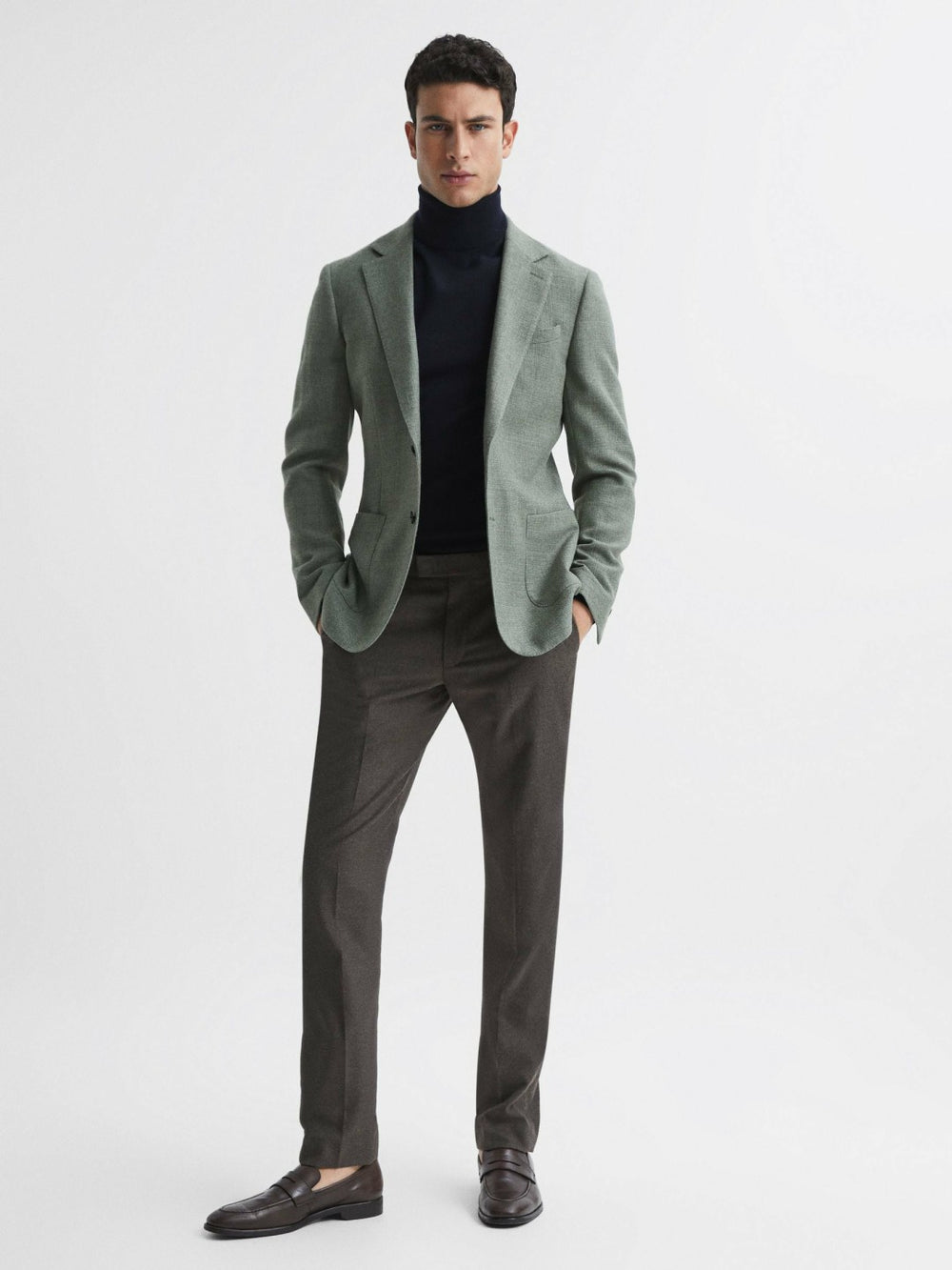 Slim Fit Merino Wool Roll Neck Jumper Navy | Mens