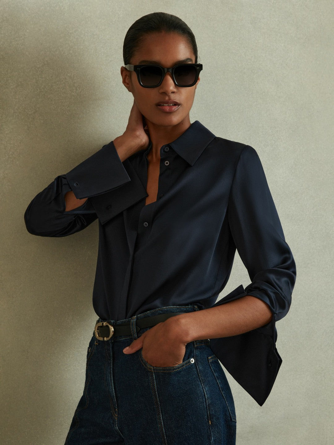 Silk Double-Cuff Button-Through Shirt Navy | Womens