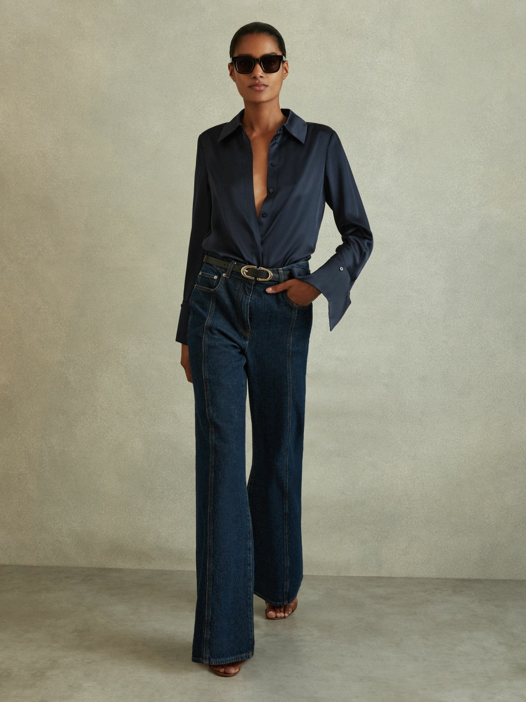Silk Double-Cuff Button-Through Shirt Navy | Womens