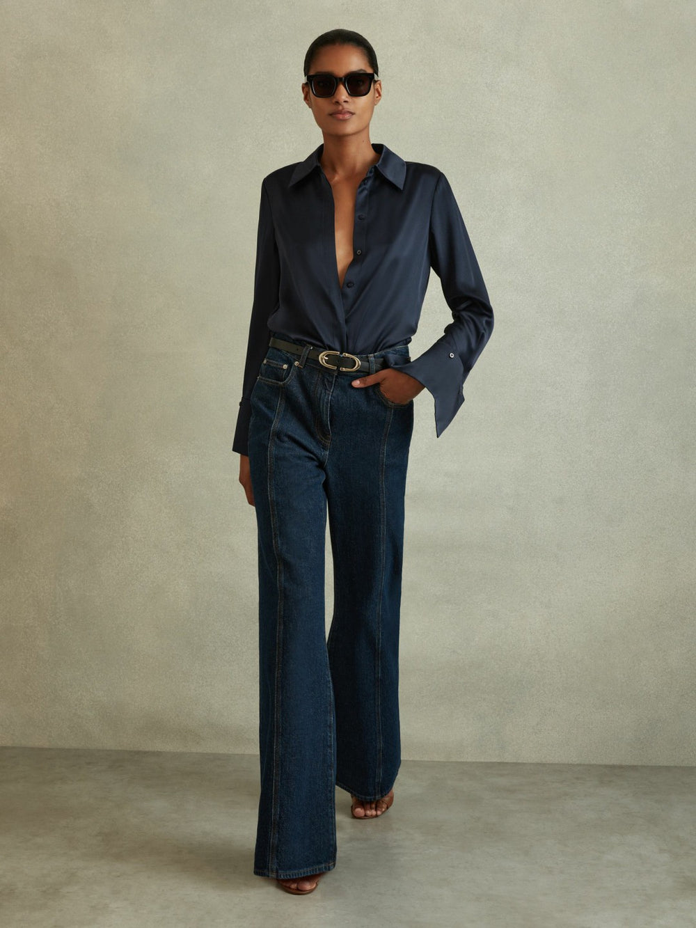 Silk Double-Cuff Button-Through Shirt Navy | Womens