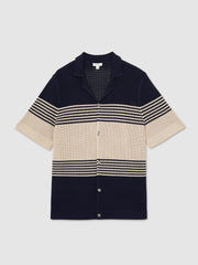 Stripe Textured-Knit Cuban-Collar Shirt Navy/Stone | Mens