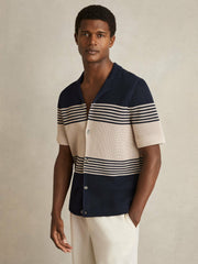 Stripe Textured-Knit Cuban-Collar Shirt Navy/Stone | Mens