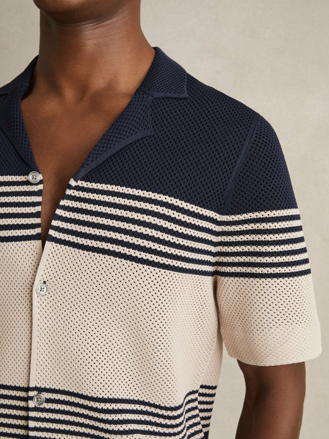 Stripe Textured-Knit Cuban-Collar Shirt Navy/Stone | Mens