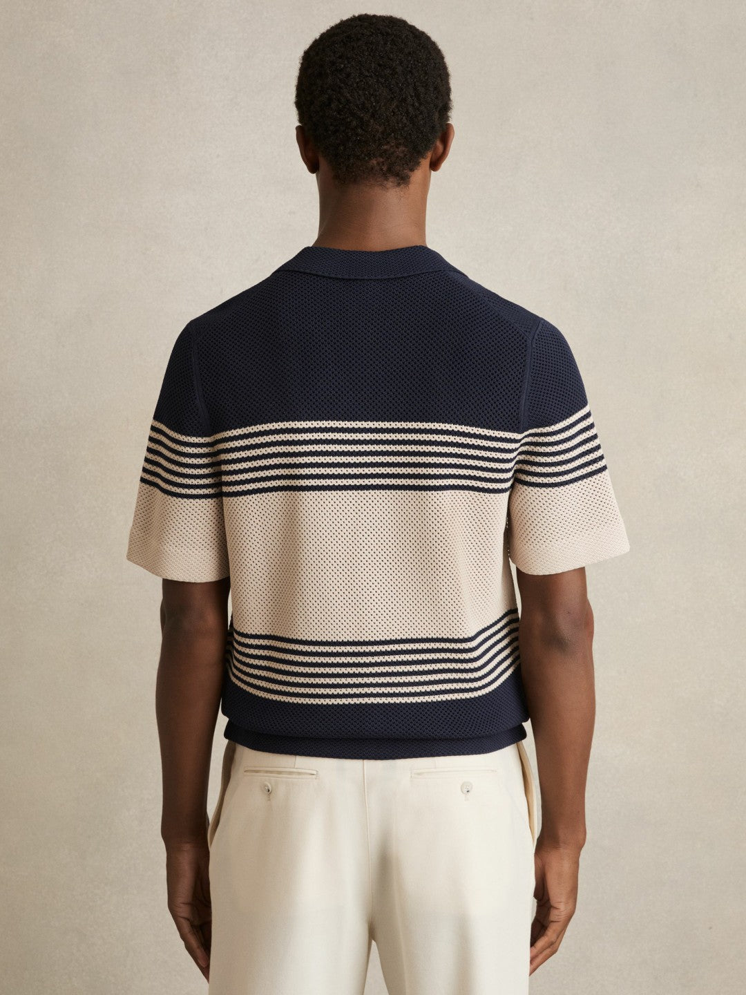 Stripe Textured-Knit Cuban-Collar Shirt Navy/Stone | Mens