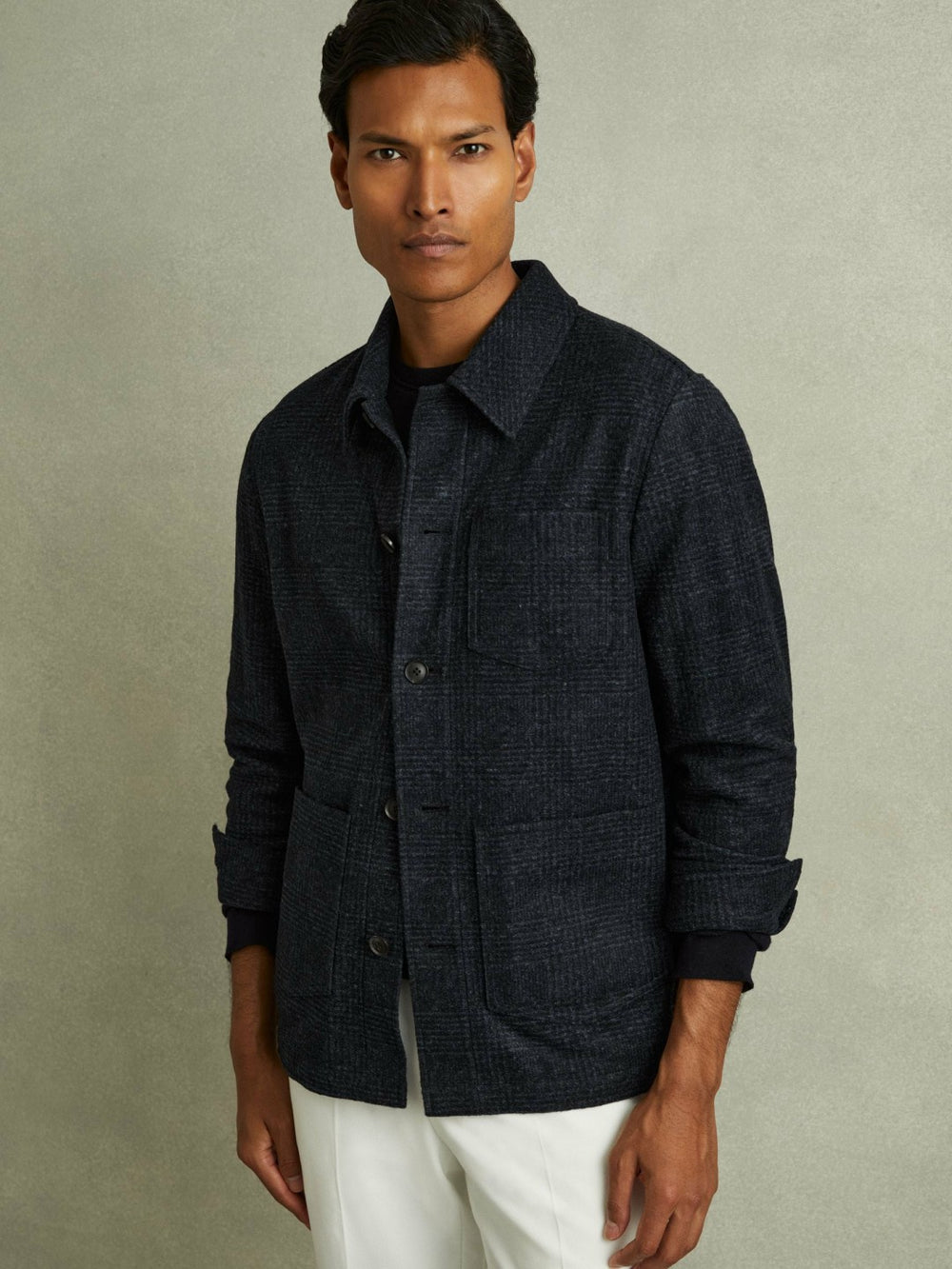Checked Button Through Worker Jacket Navy Melange | Mens