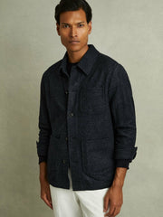 Checked Button Through Worker Jacket Navy Melange | Mens