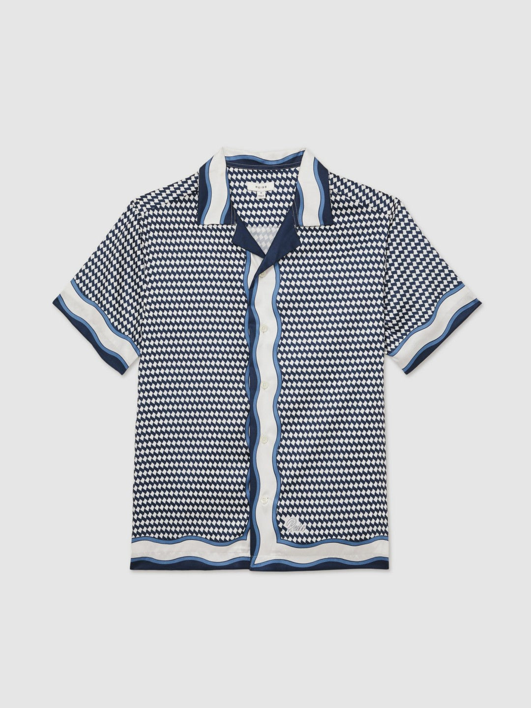 Geometric-Print Cuban-Collar Shirt White/Navy | Mens