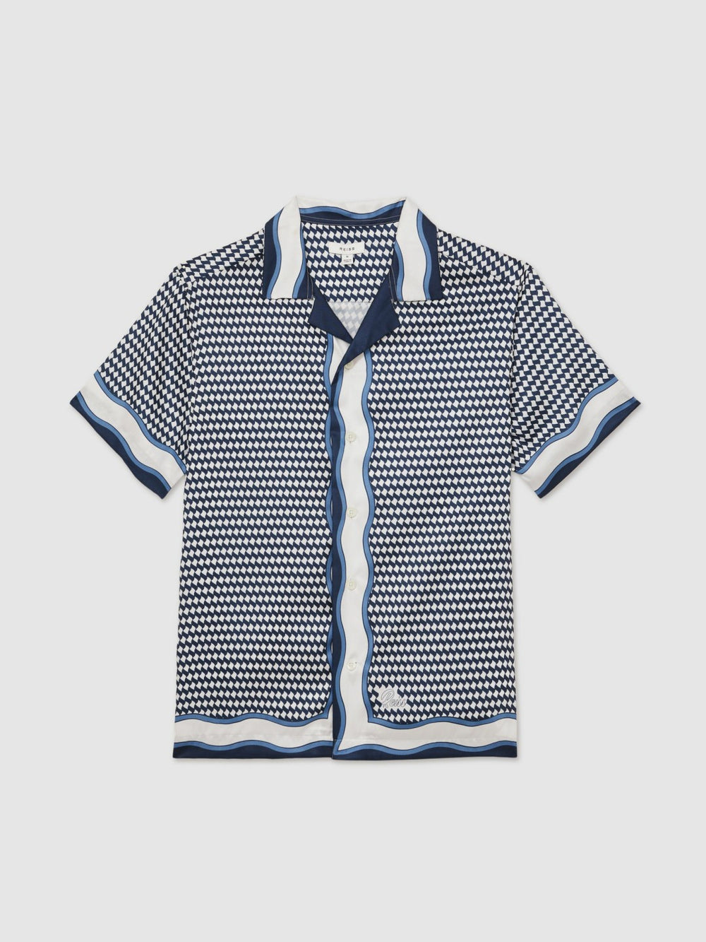 Geometric-Print Cuban-Collar Shirt White/Navy | Mens