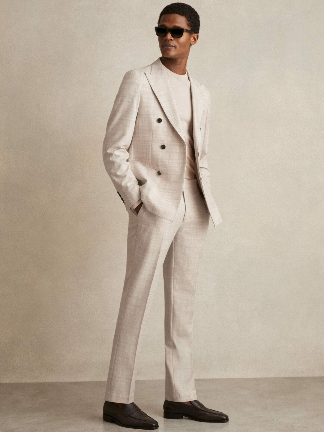 Double-Breasted Check Suit Blazer Regular-Fit Stone | Mens