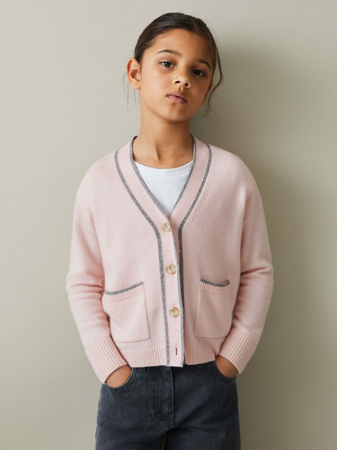 9-13 yrs Wool-Blend Stripe-Detail Cardigan With Cashmere Pink | Children