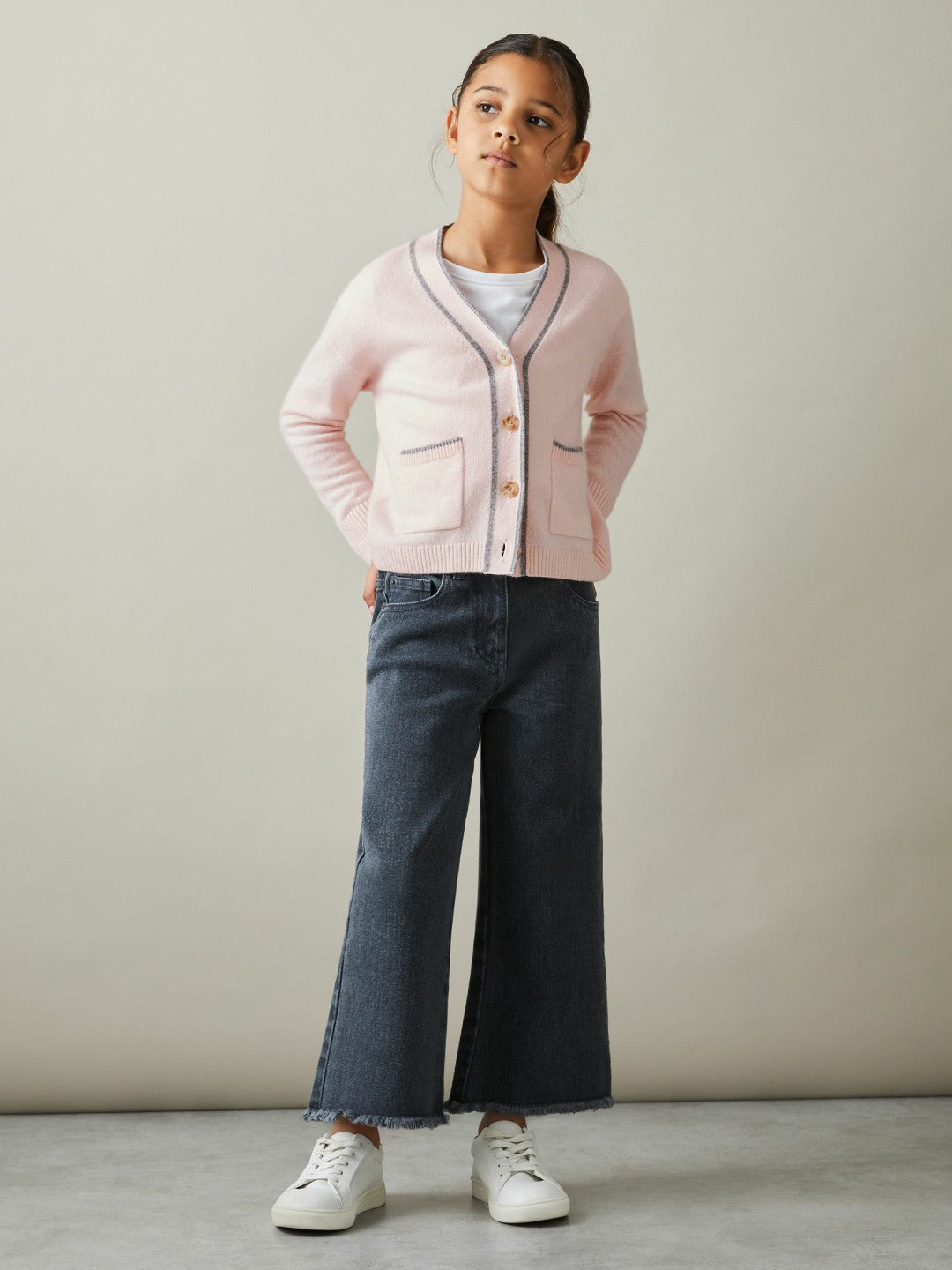 9-13 yrs Wool-Blend Stripe-Detail Cardigan With Cashmere Pink | Children